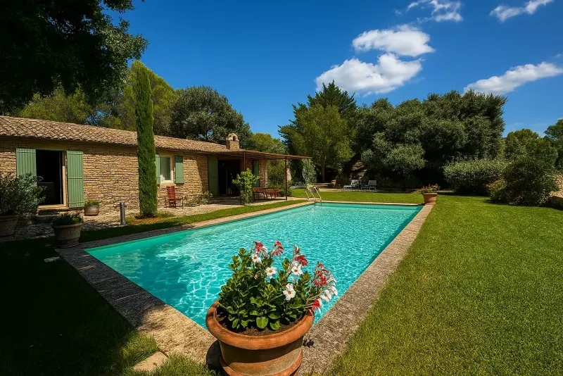 Vue d'ensemble de la villa, jardin et piscine